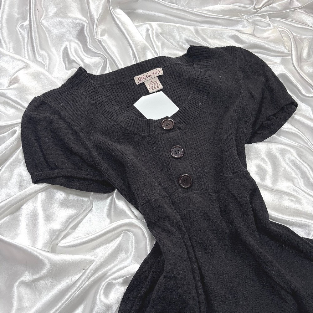 y2k Glimmer Babydoll Sweater Top Black Ribbed Knit Henley Empire Waist